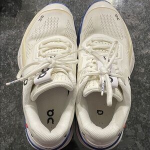 On Running Ivory and Blue Tennis Shoes